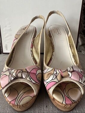 Coach Pink and Gold Patterned Bow Slingback Wedges
